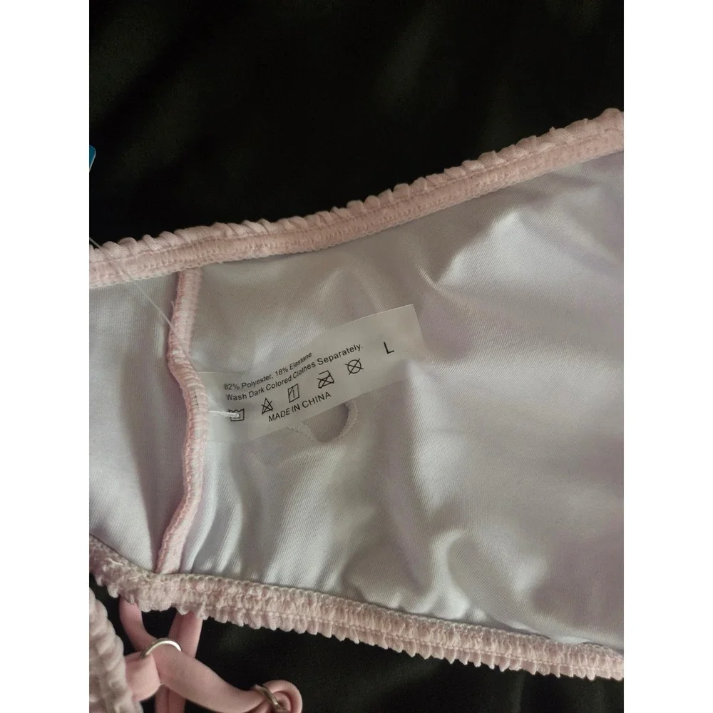 Fanuerg Women's Large Pink Ribbed Bikini Set O-Ring Textured 2 Piece Swimsuit - Picture 4 of 5